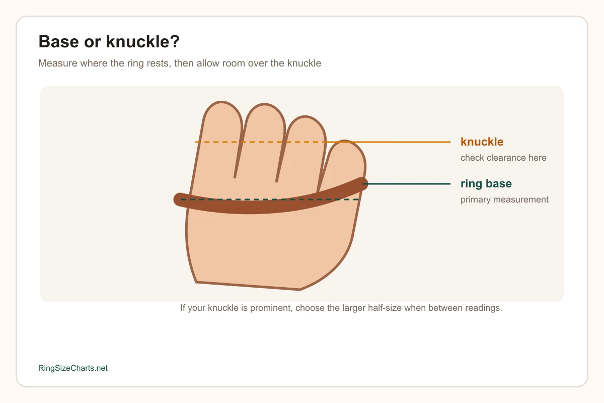 Ring sizing guide showing the finger base and knuckle