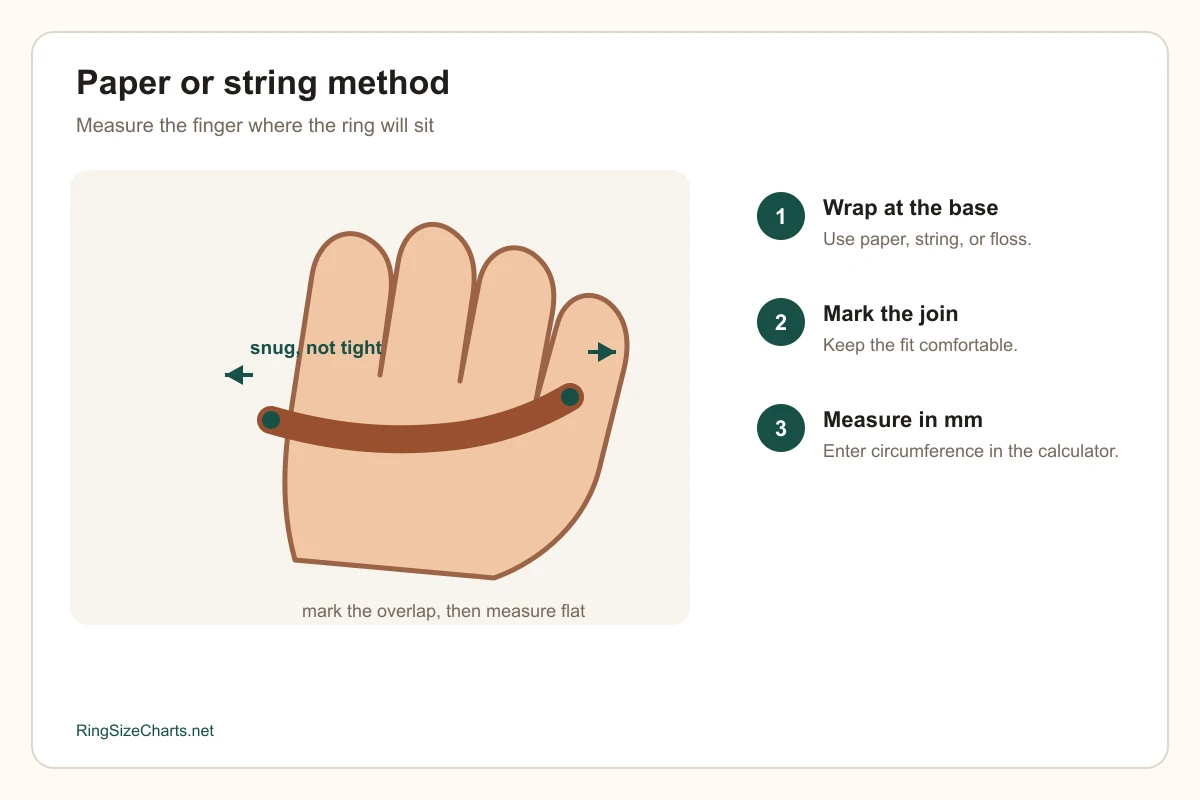Paper strip wrapped around a finger to measure circumference